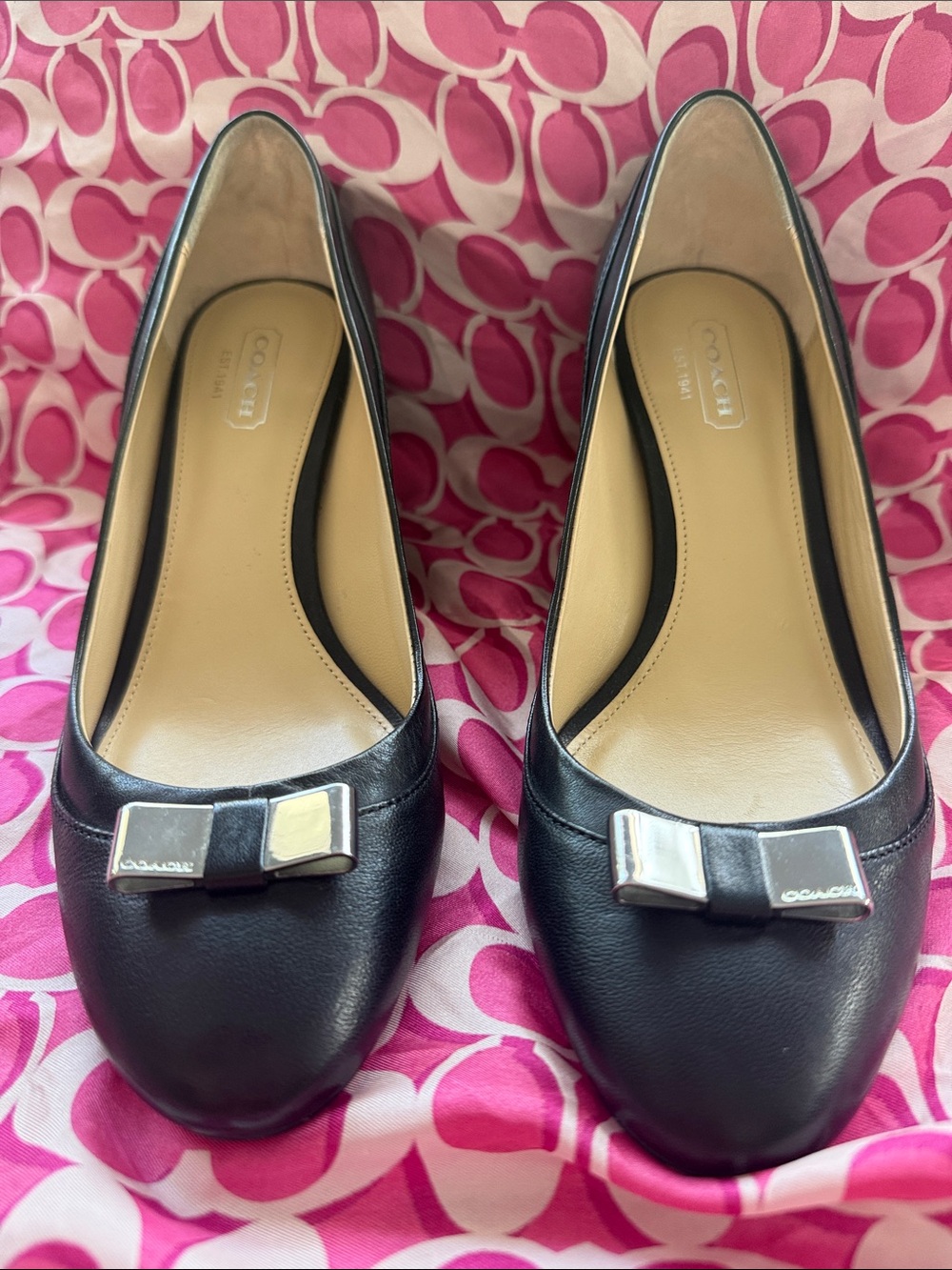 COACH Black Leather Ballet Flats with Silver Bow Accent